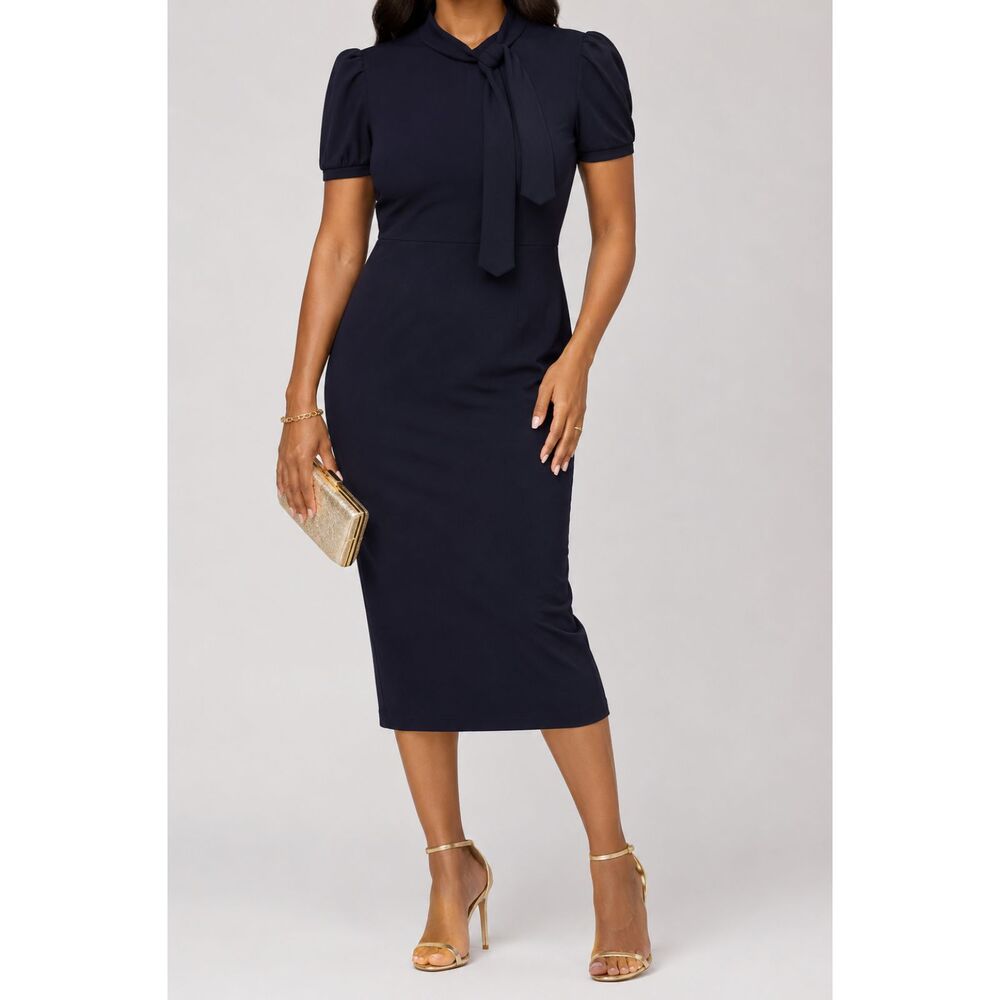 Maggy London Women’s 14 Navy Tie Neck Midi Dress Puff Sleeve Career Cocktail NWT